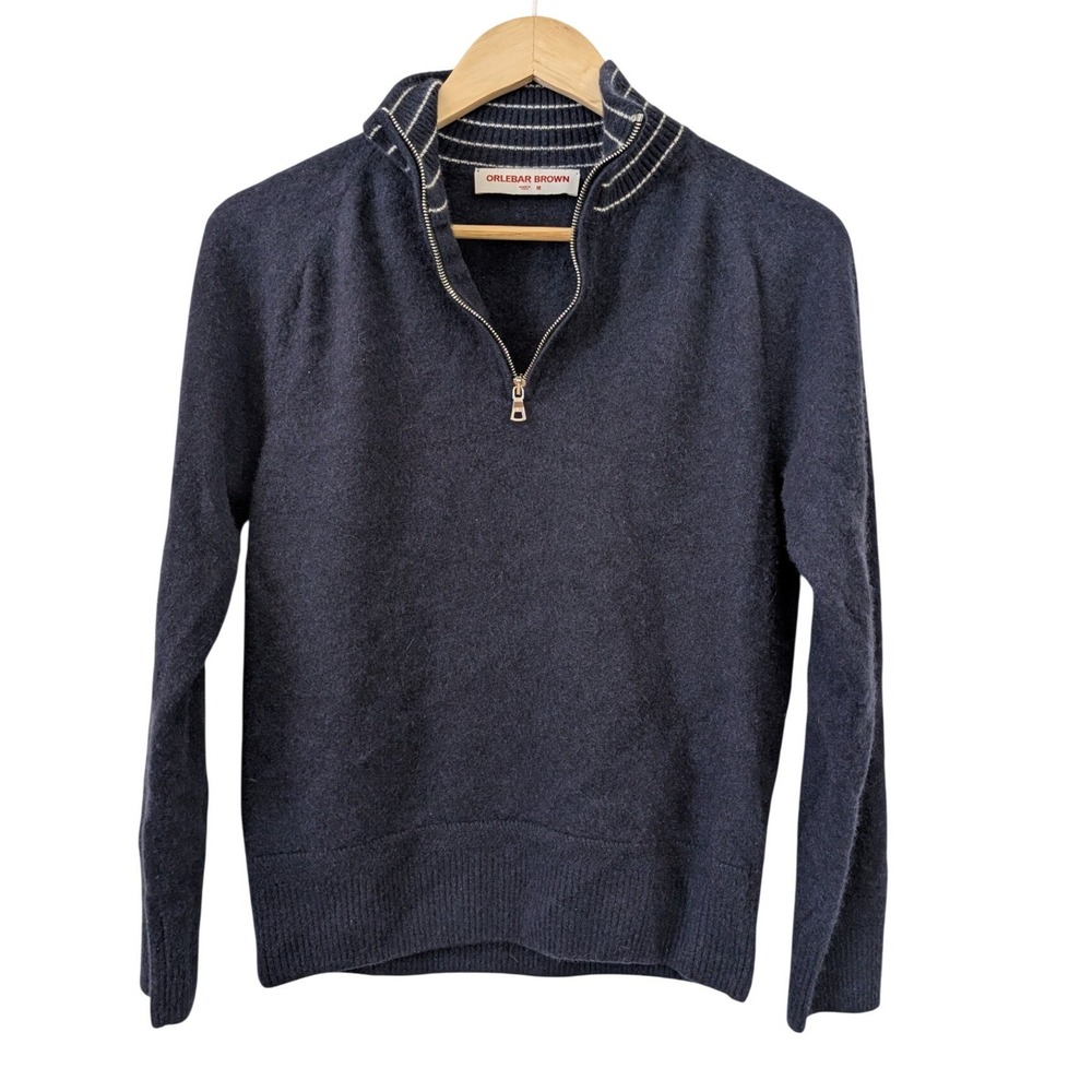 Orlebar Brown Preppy Navy Blue 100% Cashmere Quarter Zip Sweater Made in Italy M